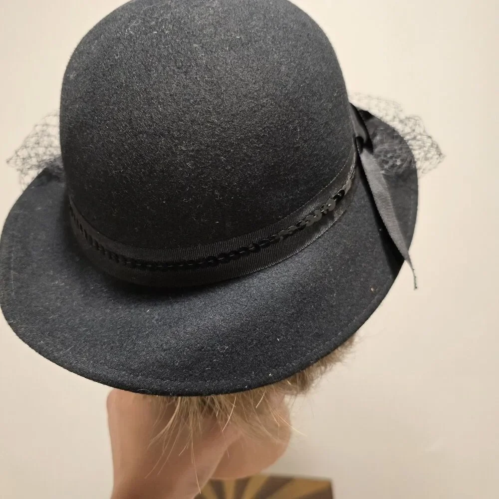 True Vintage Lancaster Black Wool Felt Hat Face Netting USA Black Sequin Classy